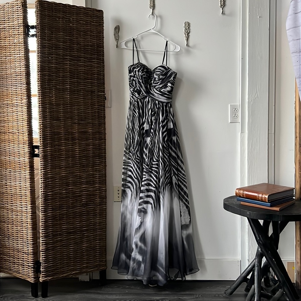 Zebra print, strapless, flowy gown size 2